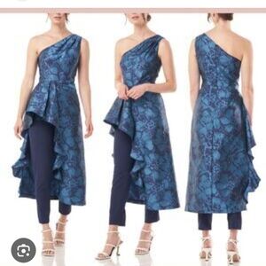 Kay Unger Ginger Walk Thru Blue Floral Asymmetrical Jumpsuit